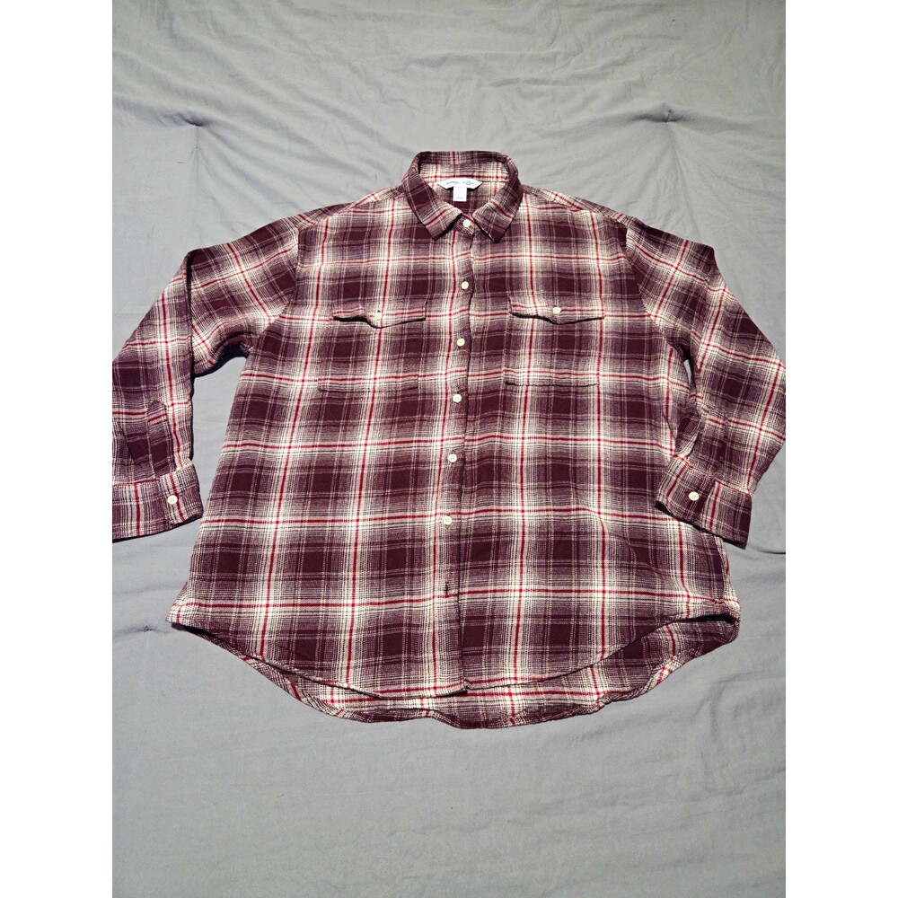 Old Navy The Boyfriend Shirt Womens Large Burgundy Plaid Long Sleeve Button Down
